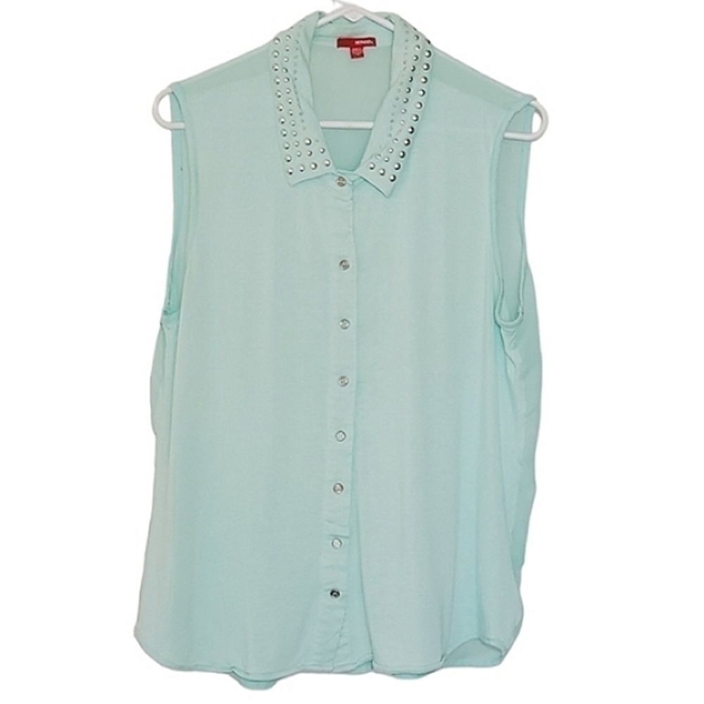 1054 * Bongo Studded Collar Sheer Button Down Mint Green Size 1X